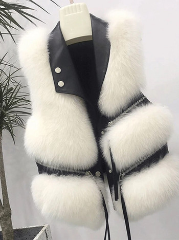Street Faux Fur Γυναικείο τζάκετ Χνουδωτό ζεστό αμάνικο φαρδύ γυναικείο γιλέκο 2023 Φθινόπωρο Χειμερινή μόδα Παχύ παλτό Pu Lady