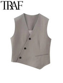 TRAF pilka elegantiška madinga moteriška liemenė be rankovių, 2023 m. vasarinė V kaklo asimetrinė plona liemenė, moteriška apkarpyta viršūnė Y2k Mujar