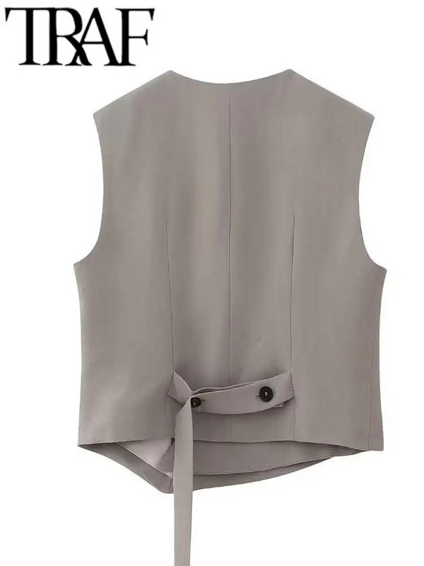 TRAF pilka elegantiška madinga moteriška liemenė be rankovių, 2023 m. vasarinė V kaklo asimetrinė plona liemenė, moteriška apkarpyta viršūnė Y2k Mujar