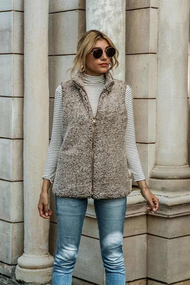 Tugev tõmblukuga vest naiste vabaaja krae, varrukateta, pööratav ja taskutega mantel