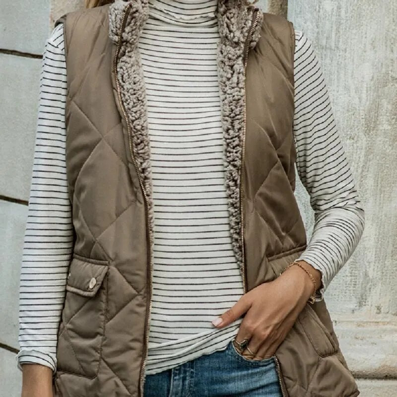 Tugev tõmblukuga vest naiste vabaaja krae, varrukateta, pööratav ja taskutega mantel