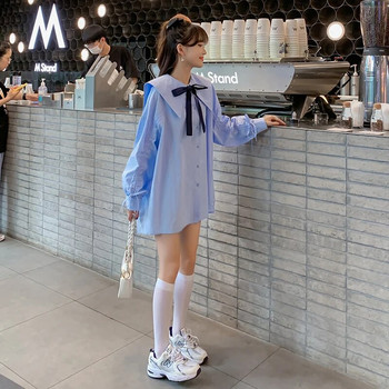 Пролетни дрехи за бременни в корейски стил 2023 г., с обърната яка, спретнати ризи за бременни с дълъг ръкав, блуза за бременни жени, синьо