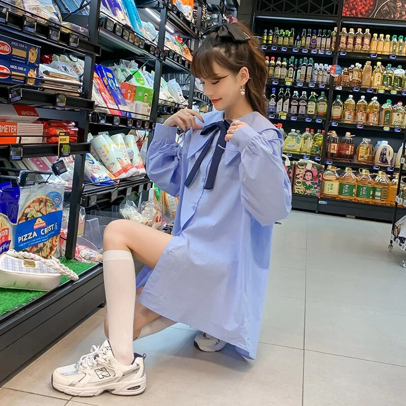 Korea stiilis 2023. aasta kevadised rasedusriided, lahtikäiv krae, preppy stiilis rasedasärgid, pikkade varrukatega raseda pluus, sinine