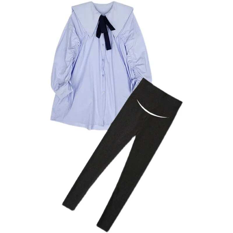 Korea stiilis 2023. aasta kevadised rasedusriided, lahtikäiv krae, preppy stiilis rasedasärgid, pikkade varrukatega raseda pluus, sinine