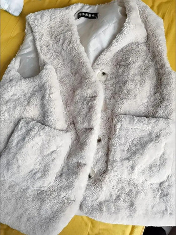 Елегантни едноредни свободни якета от изкуствена агнешка вълна с V-образно деколте Големи големи 4xl топли дамски жилетки без ръкави Корейски улични палта