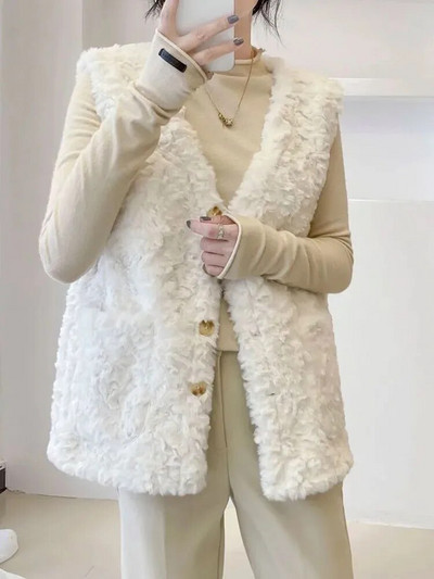 Elegantsed V-kaelusega üherealised lahtised kunst lambavillast jakid, 4xl, varrukateta, soojad naiste vest, Korea tänavarõivad, mantlid