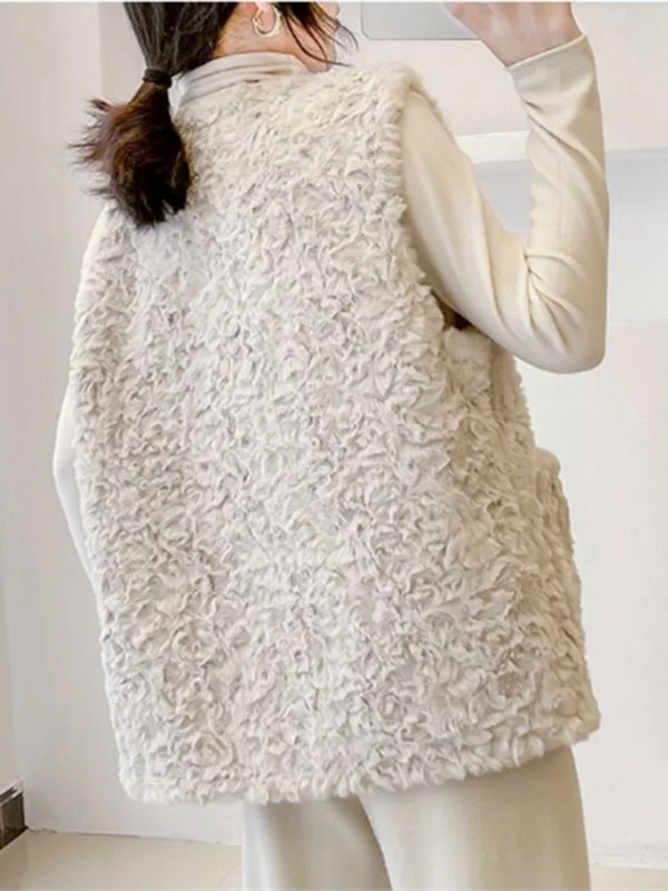 Elegantiškos V formos iškirptės, vieneilės laisvos dirbtinės avienos vilnos striukės, 4xl, šiltos moteriškos liemenės, korėjietiškos gatvės aprangos paltai