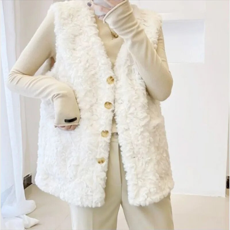 Elegantiškos V formos iškirptės, vieneilės laisvos dirbtinės avienos vilnos striukės, 4xl, šiltos moteriškos liemenės, korėjietiškos gatvės aprangos paltai