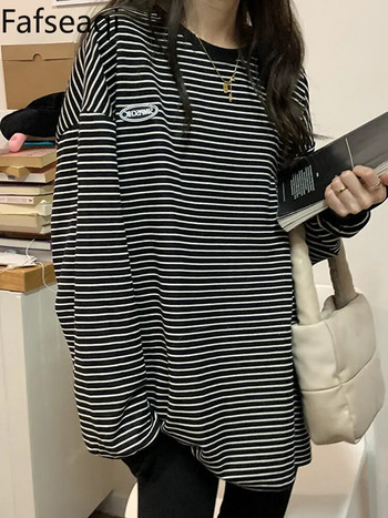 Дамска тениска с корейски райета Памучни тениски с дълги ръкави за жени Пролет 2023 г. По-евтини основни овъргабаритни горнища на ризи Суичъри