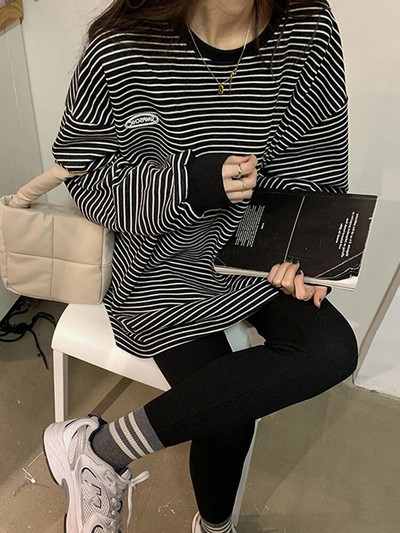 Korean Stripe naiste T-särk puuvillased pikad püksid T-särgid naistele 2023. aasta kevad Odavamad Basic Suuremõõtmelised särgid Topid Pusad