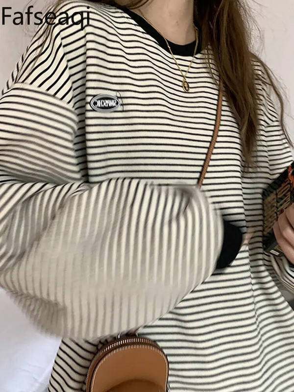 Κορεατική ρίγα γυναικεία μπλουζάκια Βαμβακερά μακριά, γυναικεία μπλουζάκια για άνοιξη 2023 Φθηνότερα βασικά μπλουζάκια υπερμεγέθη πουκάμισα