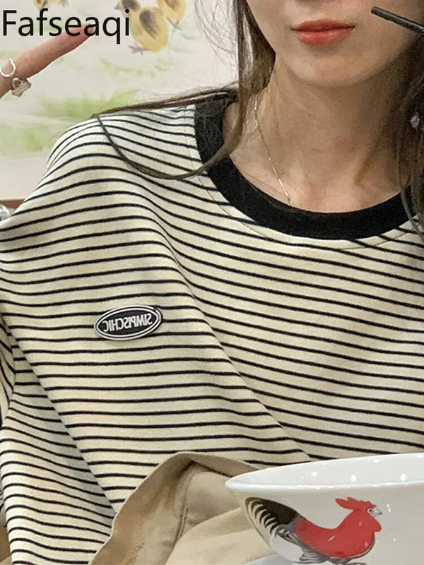 Κορεατική ρίγα γυναικεία μπλουζάκια Βαμβακερά μακριά, γυναικεία μπλουζάκια για άνοιξη 2023 Φθηνότερα βασικά μπλουζάκια υπερμεγέθη πουκάμισα