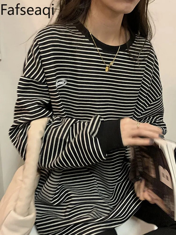 Κορεατική ρίγα γυναικεία μπλουζάκια Βαμβακερά μακριά, γυναικεία μπλουζάκια για άνοιξη 2023 Φθηνότερα βασικά μπλουζάκια υπερμεγέθη πουκάμισα