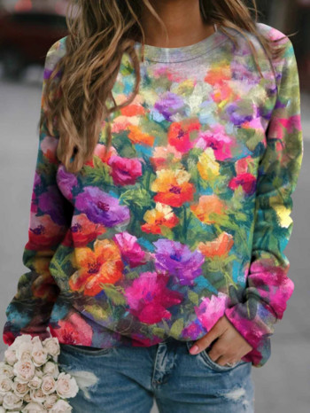 2023 Νέα γκρι γυναικεία μπλουζάκια με λουλουδάτο στάμπα Harajuku Φούτερ με στρογγυλή λαιμόκοψη Φθινοπωρινό Χειμώνα casual Γυναικείο μακρυμάνικο πουλόβερ