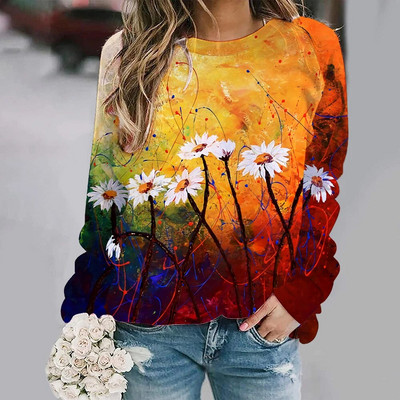 2023 m. nauji pilki moteriški viršutiniai džemperiai su gėlėmis Harajuku megztiniai su apvalia kakle, rudens žiemos laisvalaikio džemperis ilgomis rankovėmis