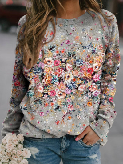 2023 m. nauji pilki moteriški viršutiniai džemperiai su gėlėmis Harajuku megztiniai su apvalia kakle, rudens žiemos laisvalaikio džemperis ilgomis rankovėmis