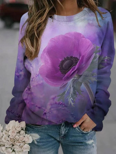 2023 m. nauji pilki moteriški viršutiniai džemperiai su gėlėmis Harajuku megztiniai su apvalia kakle, rudens žiemos laisvalaikio džemperis ilgomis rankovėmis