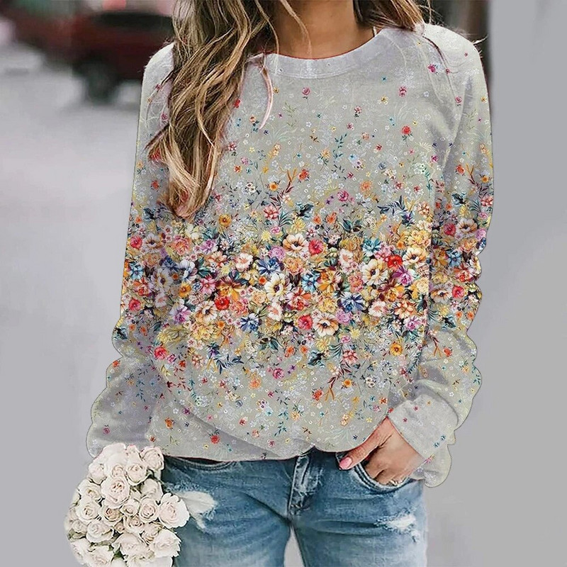 2023 m. nauji pilki moteriški viršutiniai džemperiai su gėlėmis Harajuku megztiniai su apvalia kakle, rudens žiemos laisvalaikio džemperis ilgomis rankovėmis