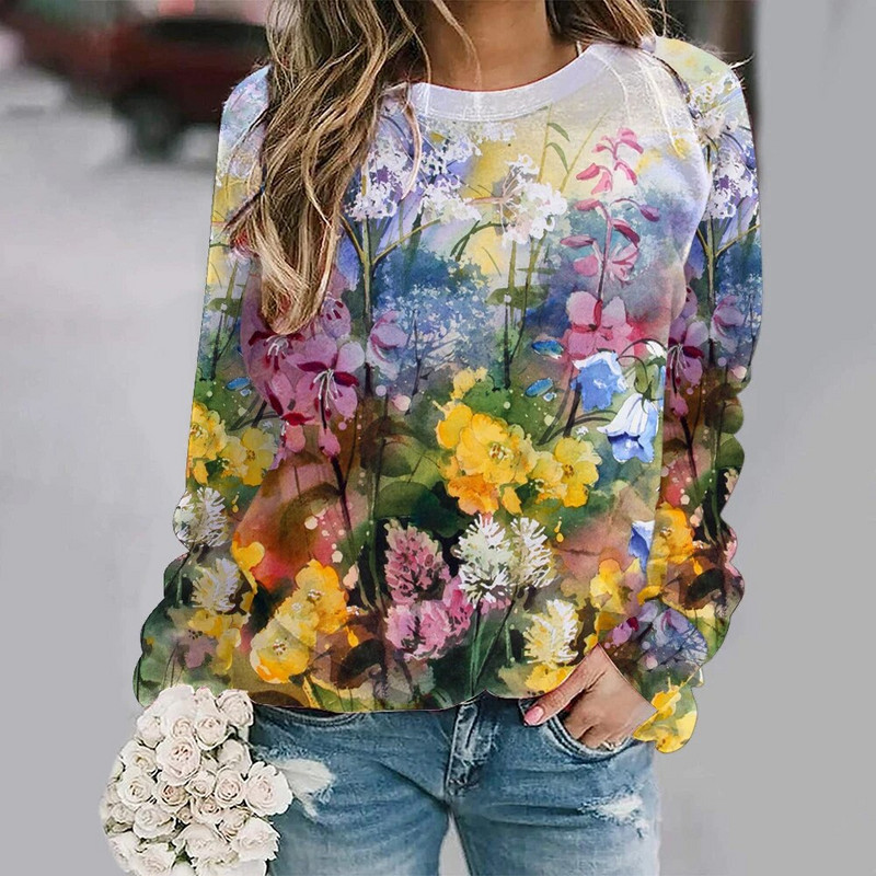 2023 m. nauji pilki moteriški viršutiniai džemperiai su gėlėmis Harajuku megztiniai su apvalia kakle, rudens žiemos laisvalaikio džemperis ilgomis rankovėmis