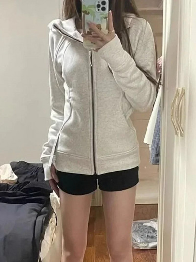 Deeptown Amerikos vintažiniai apkarpyti gobtuvai, moteriški korėjietiško stiliaus gatvės drabužiai, pilki megztiniai su užtrauktuku su gobtuvu Įprasti Y2k ploni marškinėliai su gobtuvu