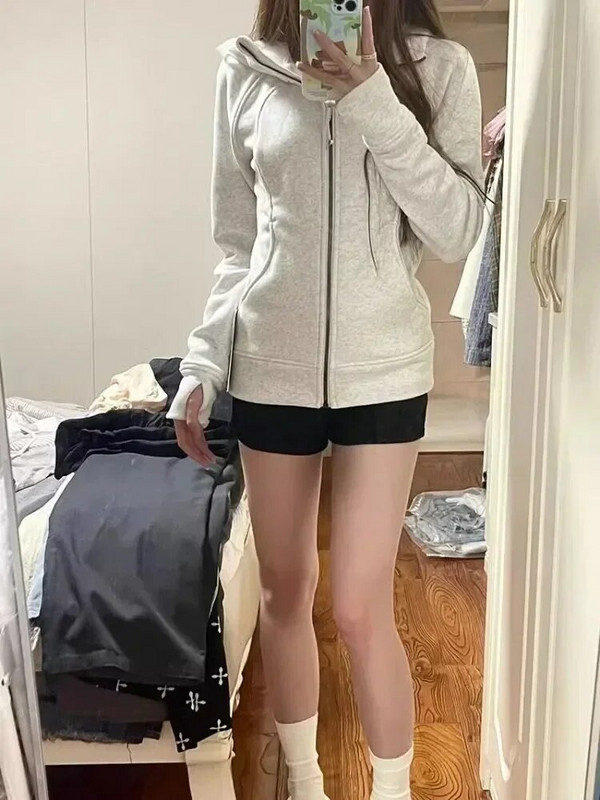 Deeptown Amerikos vintažiniai apkarpyti gobtuvai, moteriški korėjietiško stiliaus gatvės drabužiai, pilki megztiniai su užtrauktuku su gobtuvu Įprasti Y2k ploni marškinėliai su gobtuvu