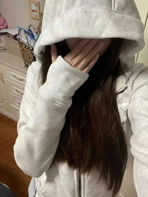 Deeptown Amerikos vintažiniai apkarpyti gobtuvai, moteriški korėjietiško stiliaus gatvės drabužiai, pilki megztiniai su užtrauktuku su gobtuvu Įprasti Y2k ploni marškinėliai su gobtuvu