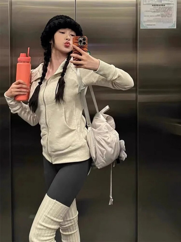 Deeptown Amerikos vintažiniai apkarpyti gobtuvai, moteriški korėjietiško stiliaus gatvės drabužiai, pilki megztiniai su užtrauktuku su gobtuvu Įprasti Y2k ploni marškinėliai su gobtuvu