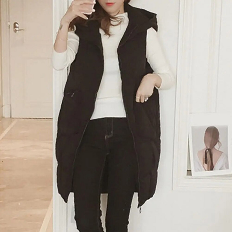 Naiste vest ühevärviline pikk vest kapuutsiga varrukateta tõmblukuga vestiga mantel Puuvillase polsterdatud eesmise tõmblukuga naiste vest