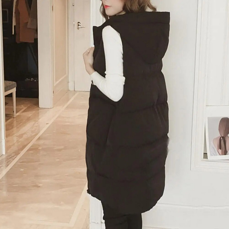 Naiste vest ühevärviline pikk vest kapuutsiga varrukateta tõmblukuga vestiga mantel Puuvillase polsterdatud eesmise tõmblukuga naiste vest