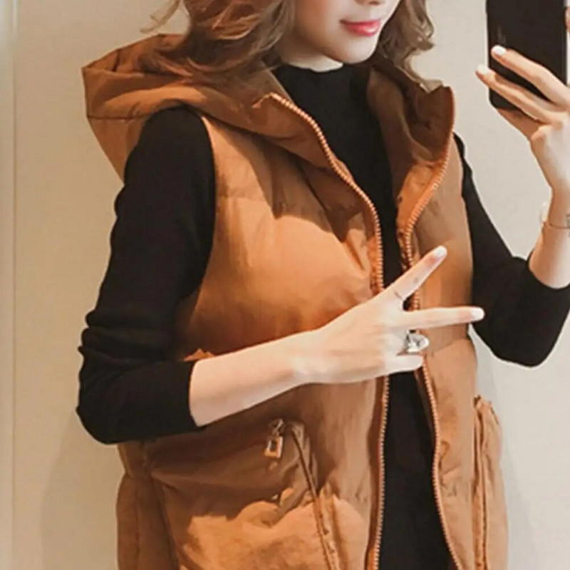 Naiste vest ühevärviline pikk vest kapuutsiga varrukateta tõmblukuga vestiga mantel Puuvillase polsterdatud eesmise tõmblukuga naiste vest