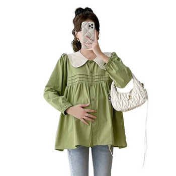 2024 Φθινόπωρο πουκάμισα για έγκυες γυναίκες με μακρυμάνικο γιακά Peter Pan Μπλούζες εγκυμοσύνης με πλισέ μπλούζα εγκυμοσύνης