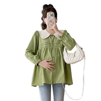 2024. aasta sügisesed rasedate naiste särgid pikkade varrukatega Peter Pani krae plokk Värv Mood Rasedate pluusid Plisseeritud rasedussärk