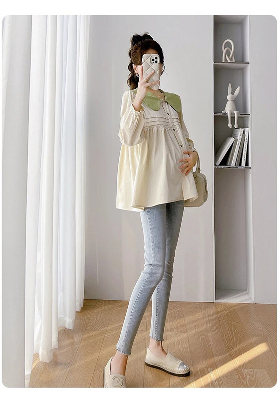 2024. aasta sügisesed rasedate naiste särgid pikkade varrukatega Peter Pani krae plokk Värv Mood Rasedate pluusid Plisseeritud rasedussärk