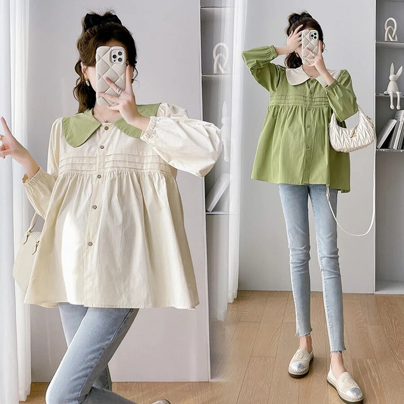 2024. aasta sügisesed rasedate naiste särgid pikkade varrukatega Peter Pani krae plokk Värv Mood Rasedate pluusid Plisseeritud rasedussärk