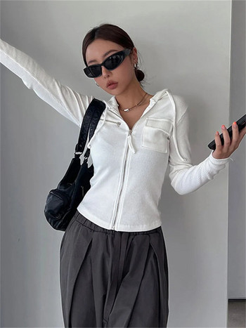 wsevypo Φθινοπωρινά casual λευκές κουκούλες φούτερ Απλό στυλ με μακρυμάνικο φερμουάρ επάνω Λεπτή εφαρμογή Γυναικεία φθινοπωρινά άνοιξη Streetwear