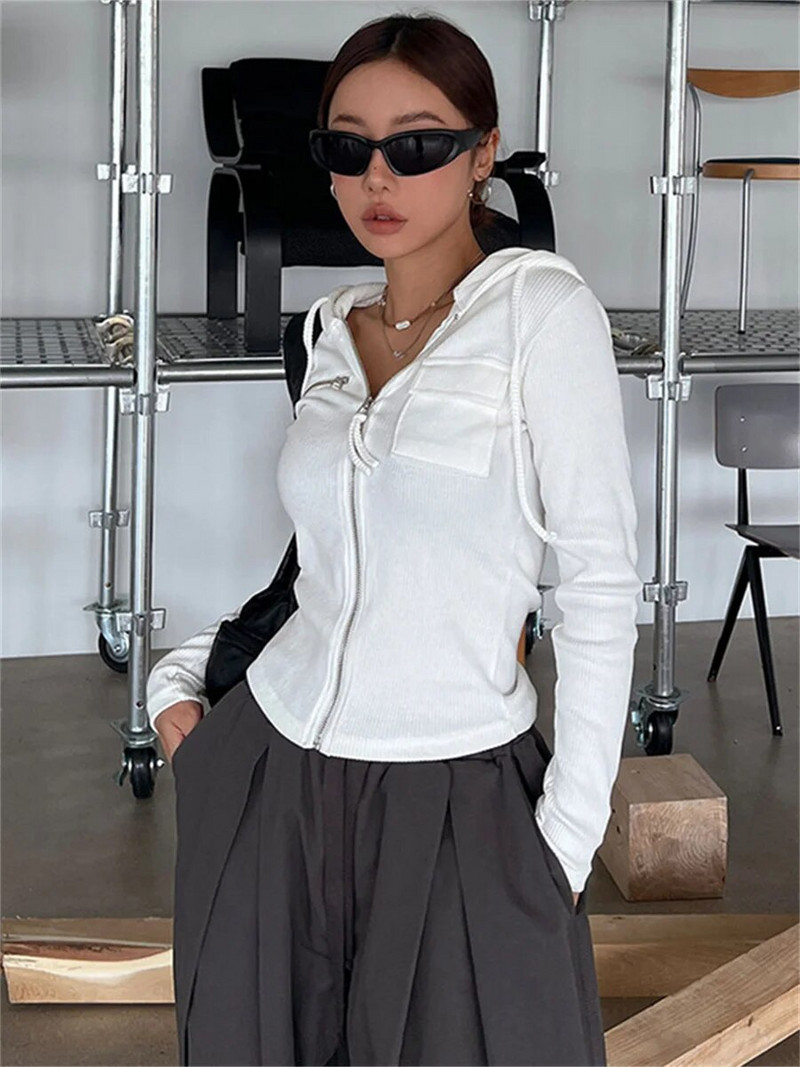 wsevypo Sügis vabaaja valged pusad Pusad Lihtsa stiiliga pikkade varrukatega tõmblukuga Slim Fit ülerõivad Naiste sügiskevad tänavarõivad