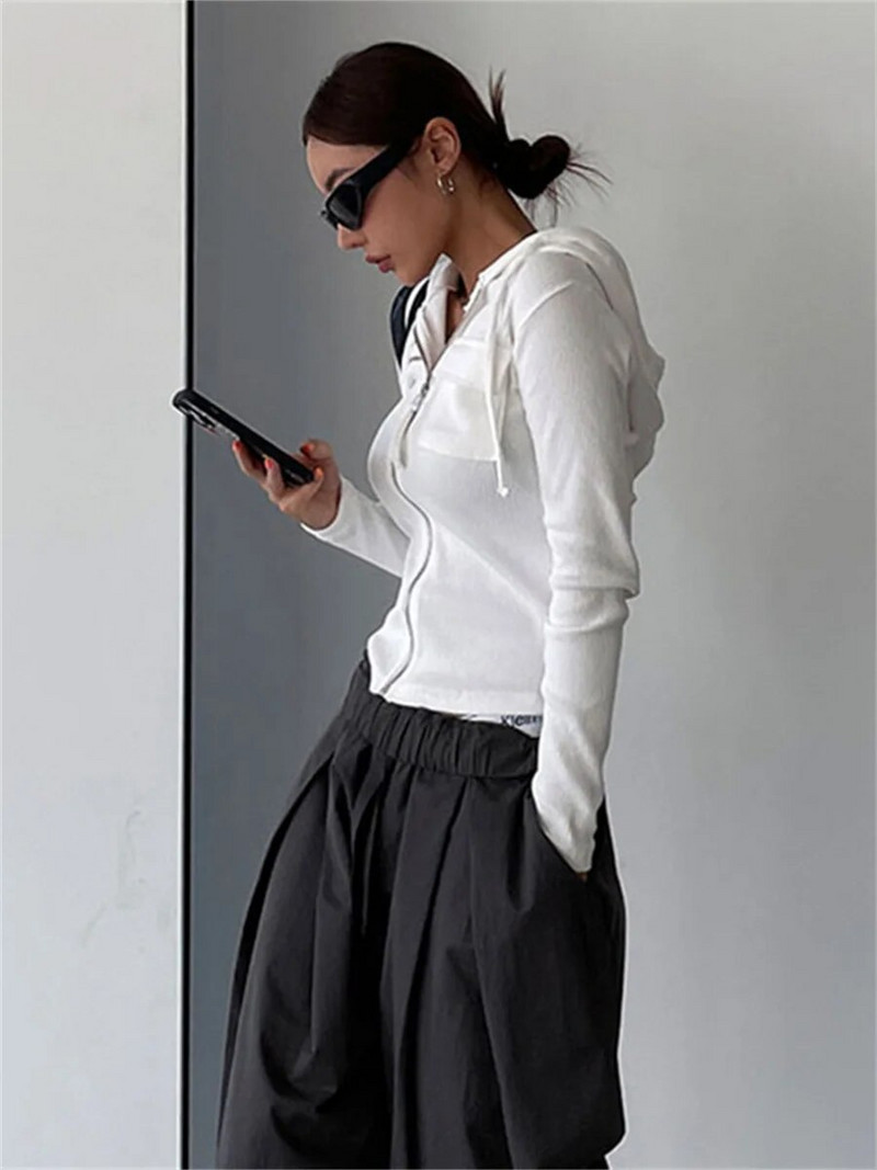 wsevypo Sügis vabaaja valged pusad Pusad Lihtsa stiiliga pikkade varrukatega tõmblukuga Slim Fit ülerõivad Naiste sügiskevad tänavarõivad