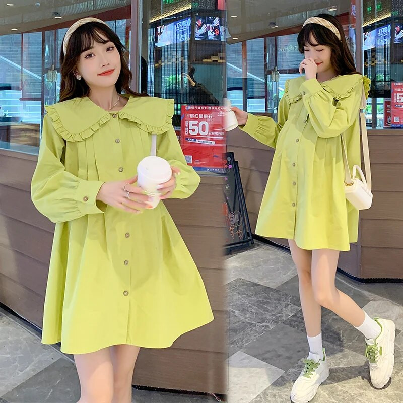 2024. aasta kevadmood Rasedusärgid Rohelised Pikkade Varrukatega Suur Peter Paani Kaelus Nööp Raseda Pluus Suures suuruses riided