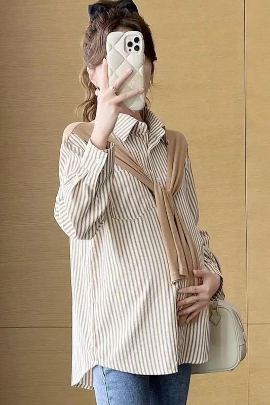 Φθινοπωρινά πουκάμισα εγκυμοσύνης με μακρυμάνικη κάπα με γυριστό γιακά με κουμπί Fly Μπλούζες έγκυος Φαρδιά casual ρούχα εγκυμοσύνης