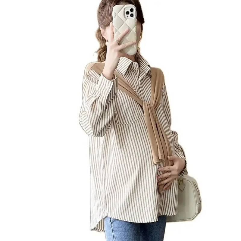 Φθινοπωρινά πουκάμισα εγκυμοσύνης με μακρυμάνικη κάπα με γυριστό γιακά με κουμπί Fly Μπλούζες έγκυος Φαρδιά casual ρούχα εγκυμοσύνης