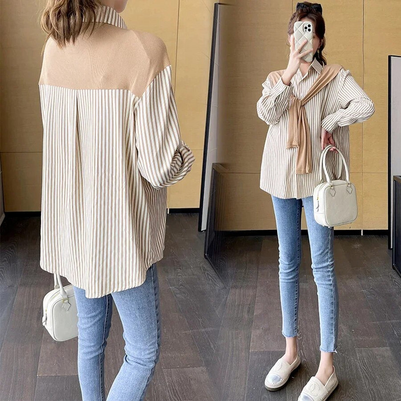 Φθινοπωρινά πουκάμισα εγκυμοσύνης με μακρυμάνικη κάπα με γυριστό γιακά με κουμπί Fly Μπλούζες έγκυος Φαρδιά casual ρούχα εγκυμοσύνης