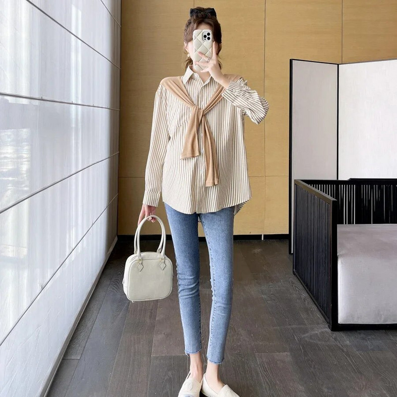 Φθινοπωρινά πουκάμισα εγκυμοσύνης με μακρυμάνικη κάπα με γυριστό γιακά με κουμπί Fly Μπλούζες έγκυος Φαρδιά casual ρούχα εγκυμοσύνης