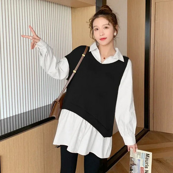 Φθινοπωρινό Color Block Μπλούζες εγκυμοσύνης Κορεάτικη μόδα μακρυμάνικο φαρδύ πουκάμισο Ρούχα για έγκυες μπλούζες