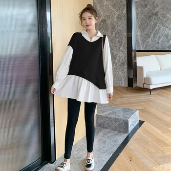 Есенни цветни блокчета пачуърк блузи за бременни Корейска мода Свободна риза с дълъг ръкав Дрехи за бременни жени Топове