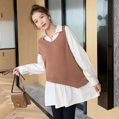 Sügisvärvilised plokkvärvid, rasedate pluusid Korea moodsad pikkade varrukatega avara särgi riided rasedatele topid