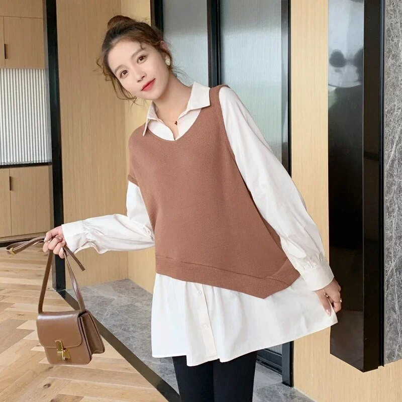 Sügisvärvilised plokkvärvid, rasedate pluusid Korea moodsad pikkade varrukatega avara särgi riided rasedatele topid