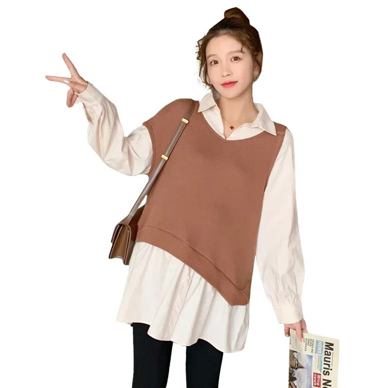 Sügisvärvilised plokkvärvid, rasedate pluusid Korea moodsad pikkade varrukatega avara särgi riided rasedatele topid