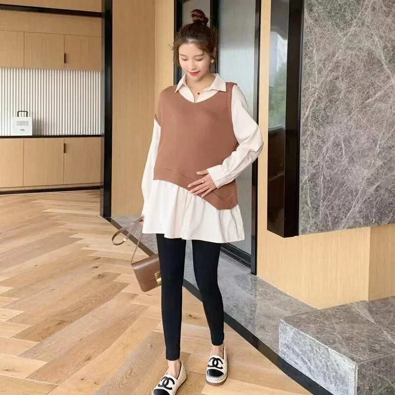 Sügisvärvilised plokkvärvid, rasedate pluusid Korea moodsad pikkade varrukatega avara särgi riided rasedatele topid