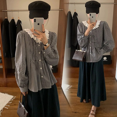 Φθινοπωρινά μακρυμάνικα καρό πουκάμισα εγκυμοσύνης Κορεάτικο στυλ Preppy μπλούζες για έγκυο Γλυκά πλισέ γιακά μπλουζάκια εγκυμοσύνης