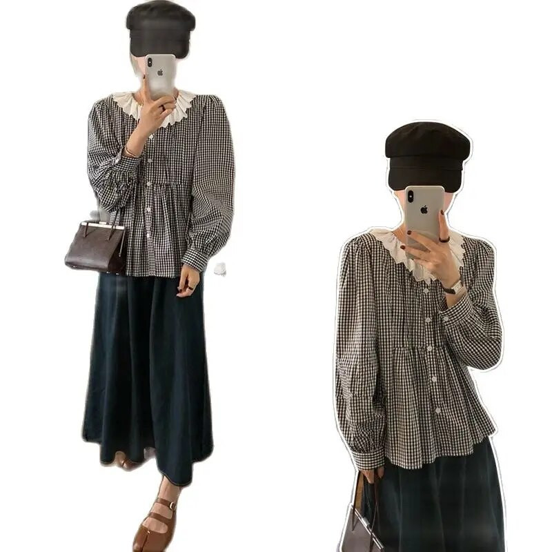 Φθινοπωρινά μακρυμάνικα καρό πουκάμισα εγκυμοσύνης Κορεάτικο στυλ Preppy μπλούζες για έγκυο Γλυκά πλισέ γιακά μπλουζάκια εγκυμοσύνης